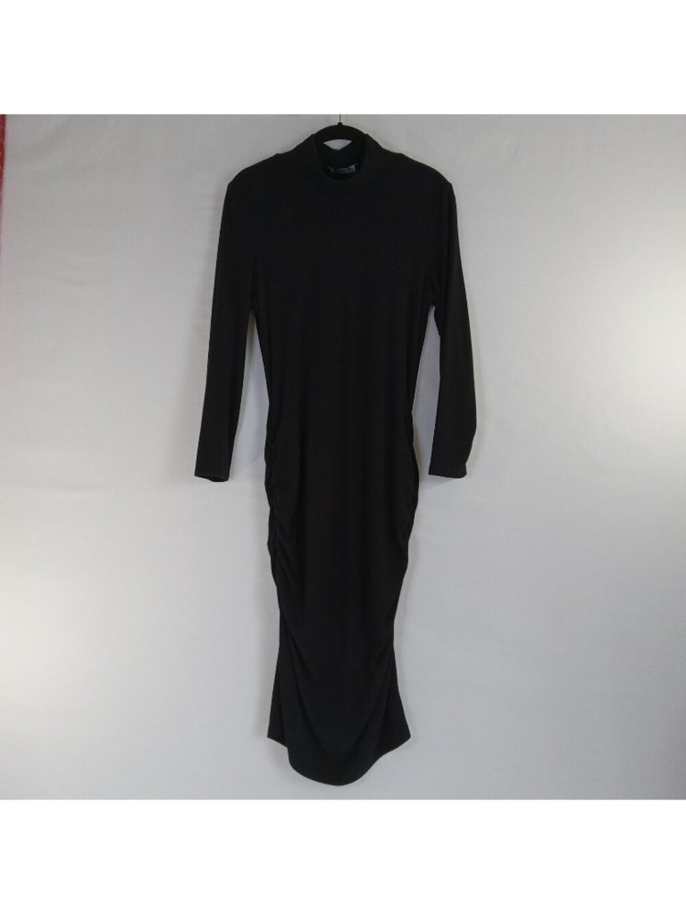 Sanctuary Women's Black Ribbed Knit Mock Neck Ruched Midi Dress Size L Bodycon
